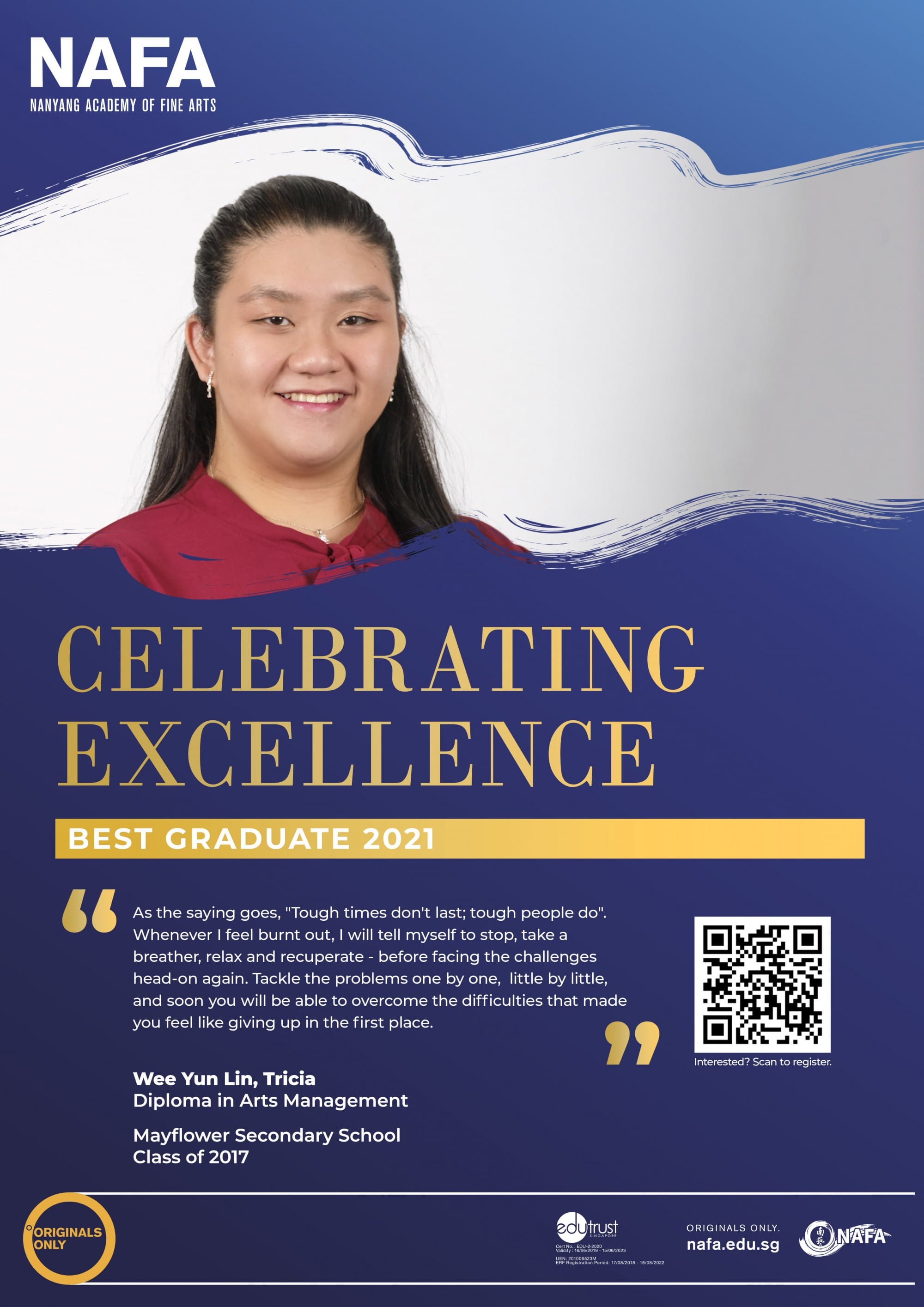 NAFA poster featuring smiling young woman Wee Yun Lin Tricia, named Best Graduate 2021 for Diploma in Arts Management.