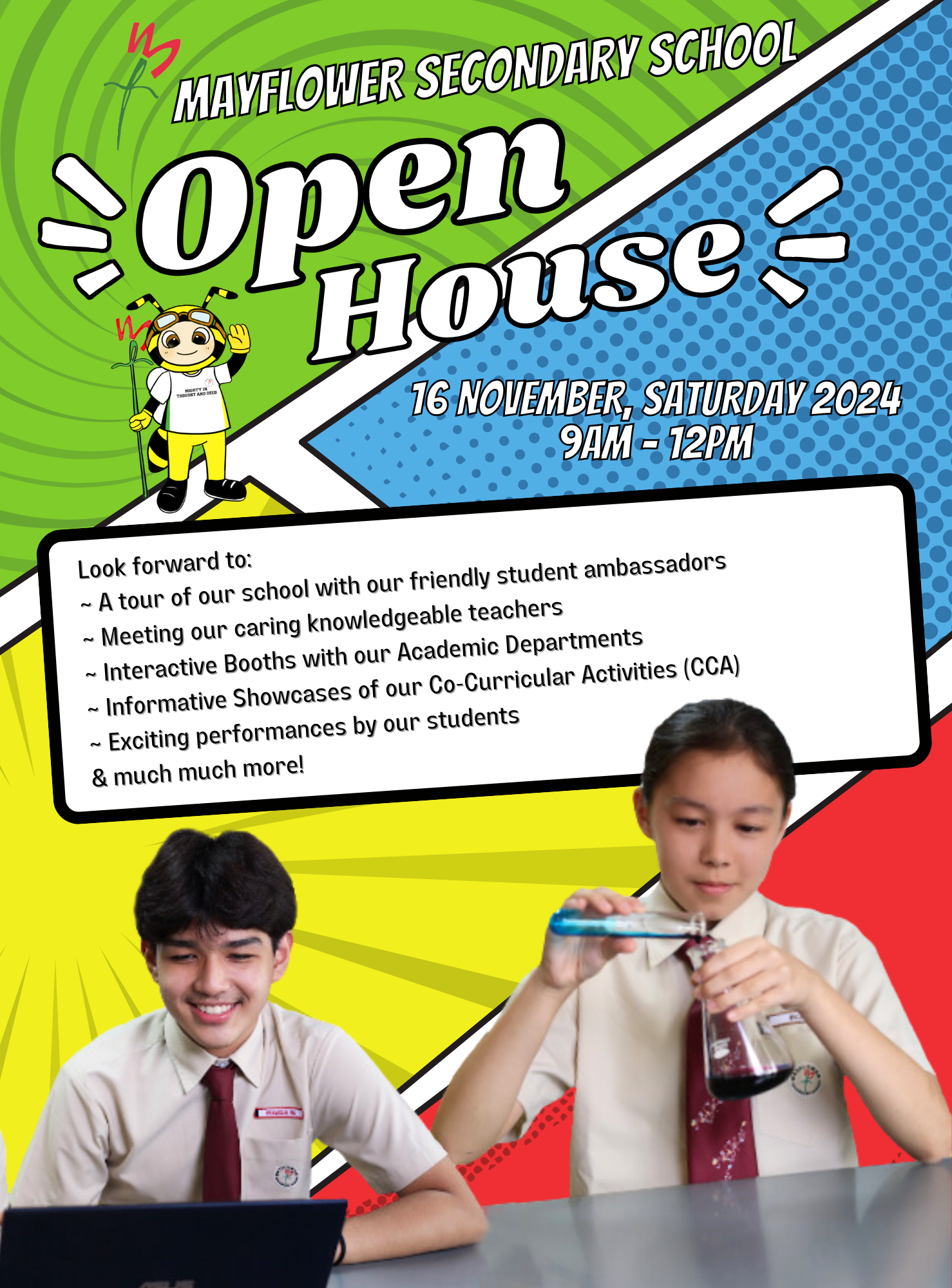 Mayflower Secondary School Open House poster for 16 November 2024, 9am-12pm, with two uniformed students.