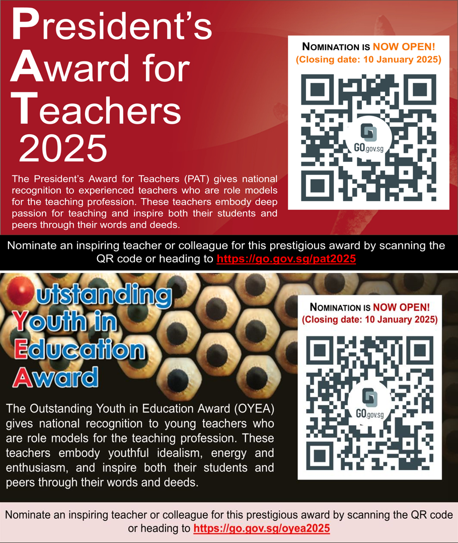 Flyer for President's Award for Teachers 2025 and Outstanding Youth in Education Award, with QR codes for nominations.