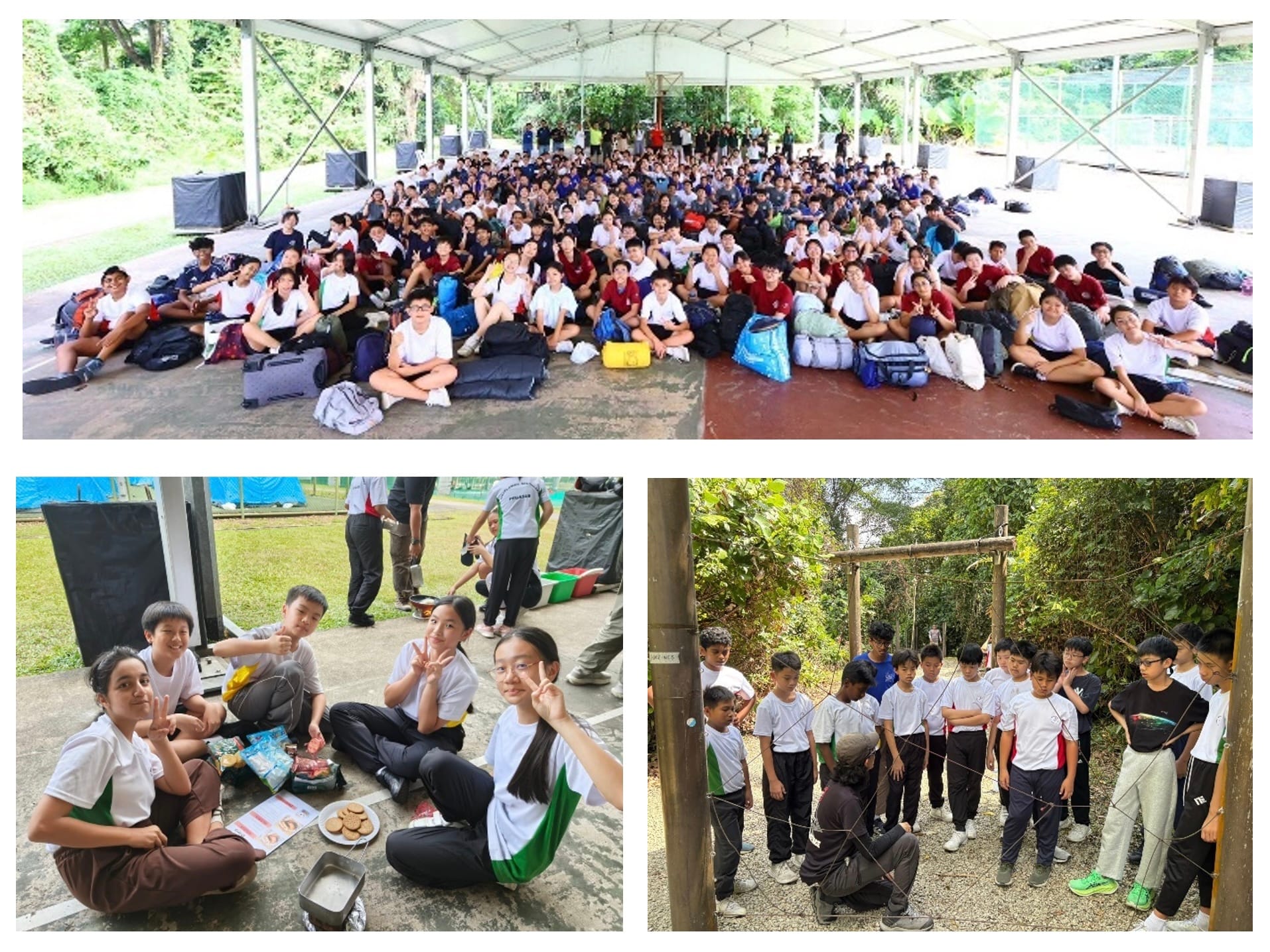 Three photos of a school outdoor camp: large group photo, students snacking, and boys at a rope obstacle course.
