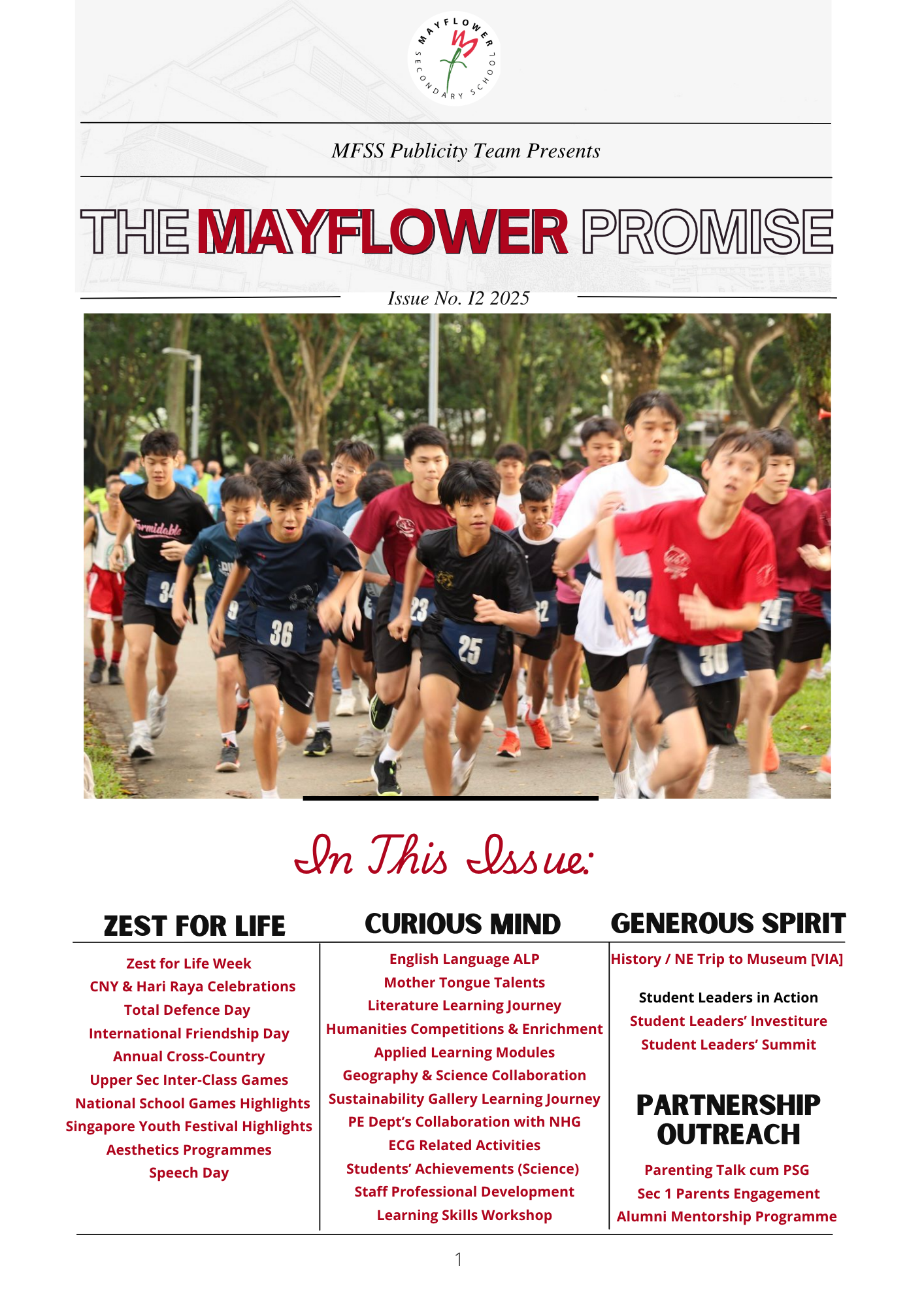 Cover of The Mayflower Promise school newsletter Issue 12 2025, featuring students running in a cross-country race.