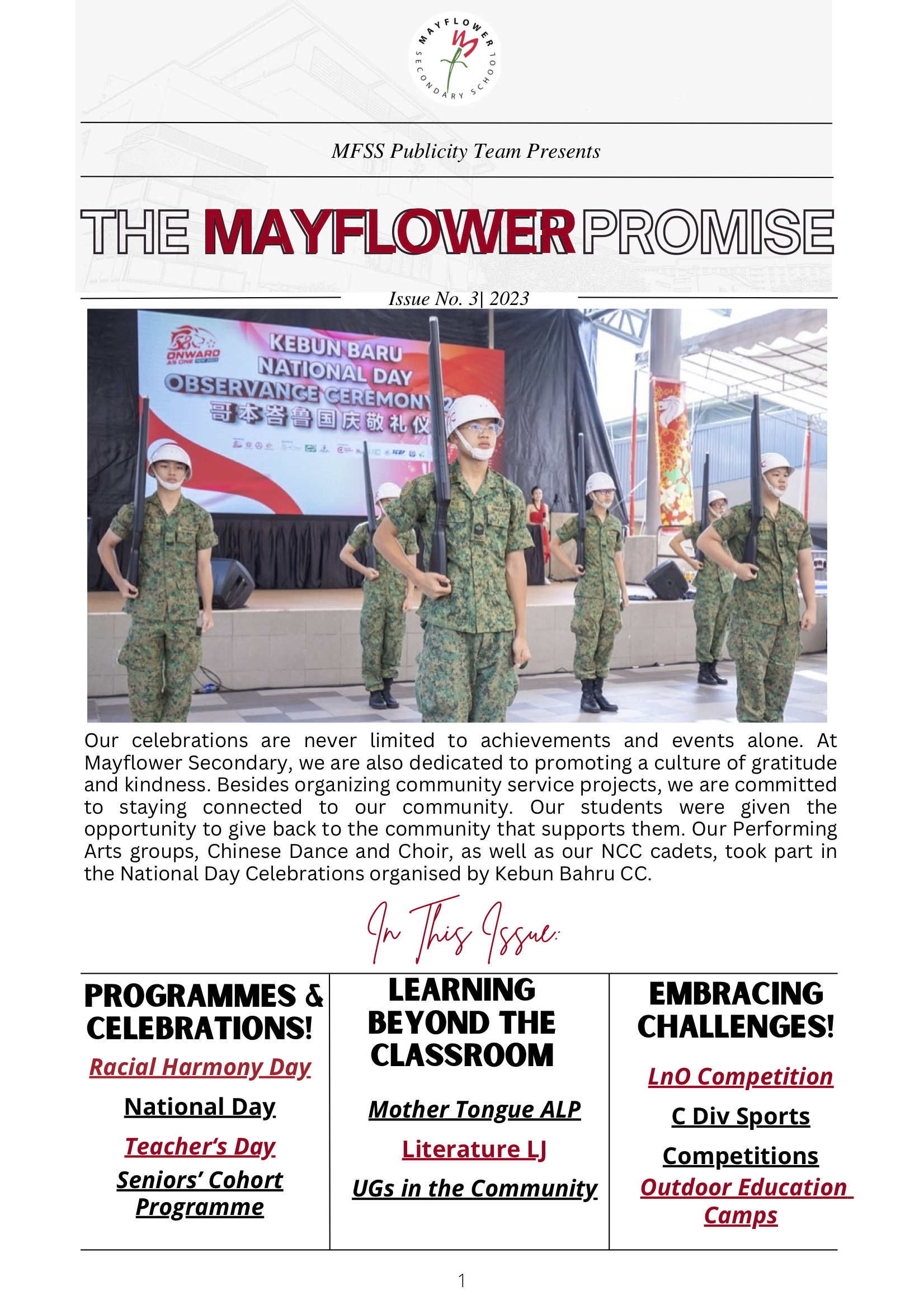 Students in camouflage uniforms and white helmets perform at Kebun Baru National Day Observance Ceremony on a stage.
