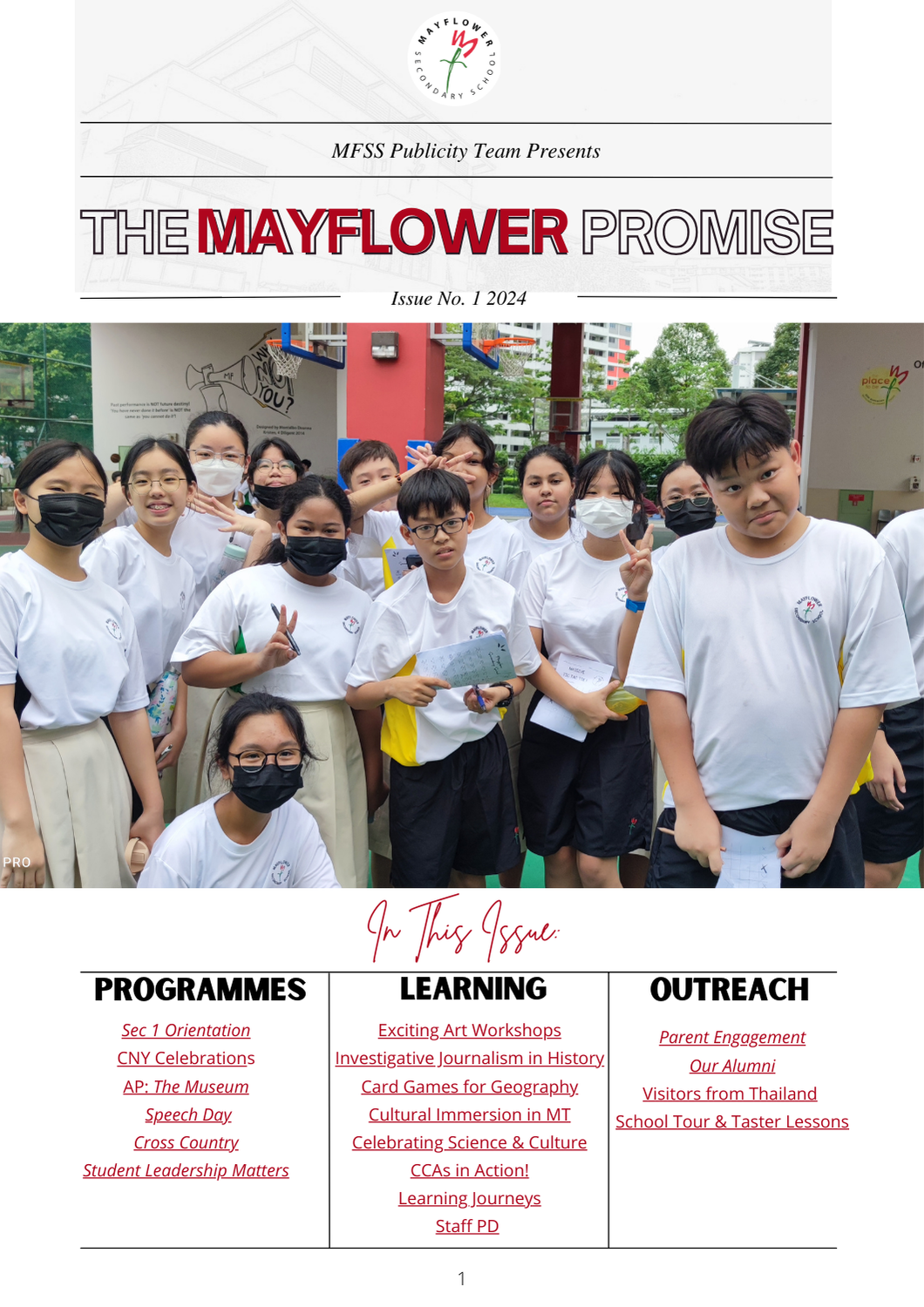 Cover of Mayflower Secondary School newsletter Issue 1 2024, featuring a group of students in white uniforms posing outdoors.