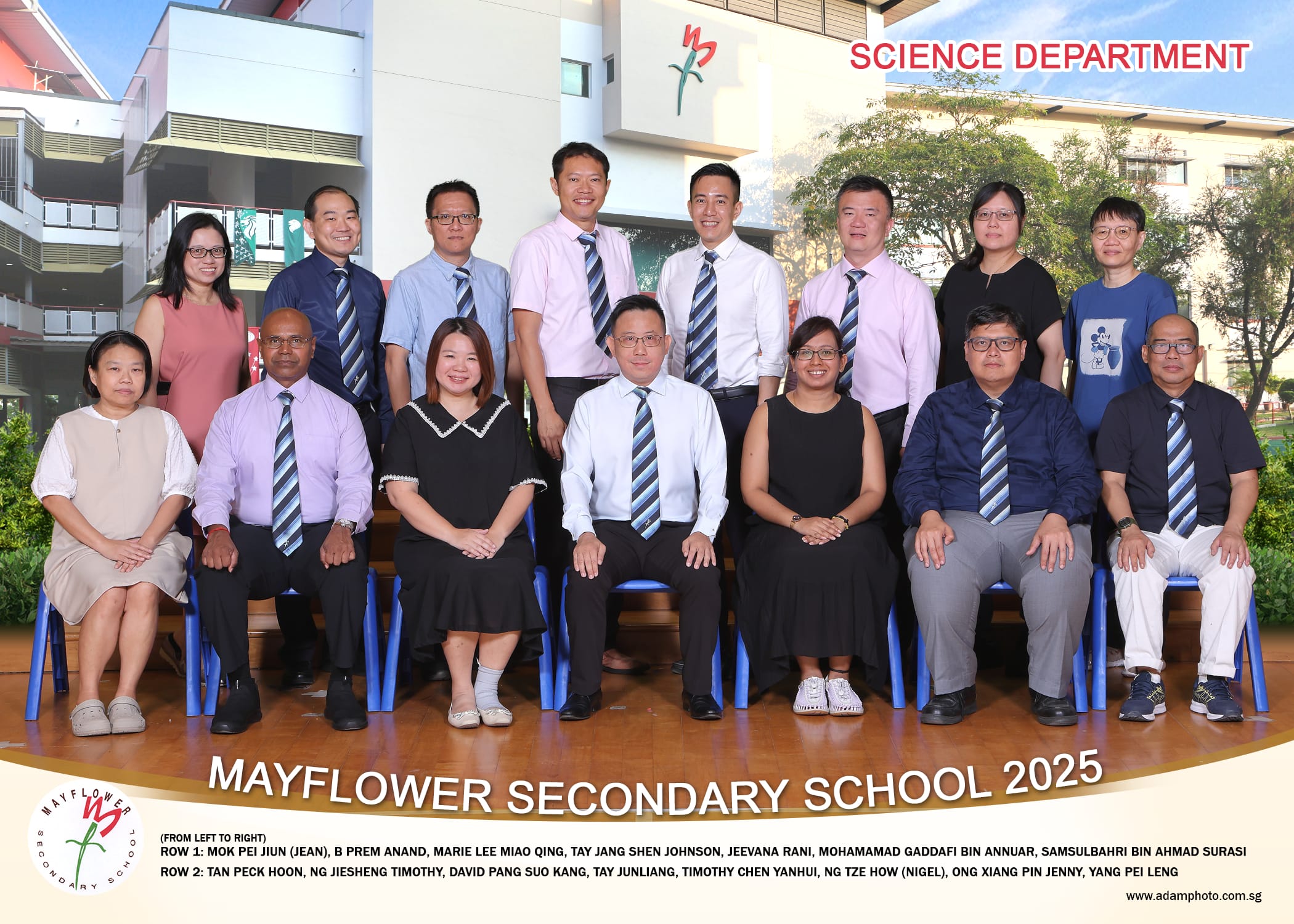 Group photo of Mayflower Secondary School Science Department staff posing in two rows outdoors in 2025.