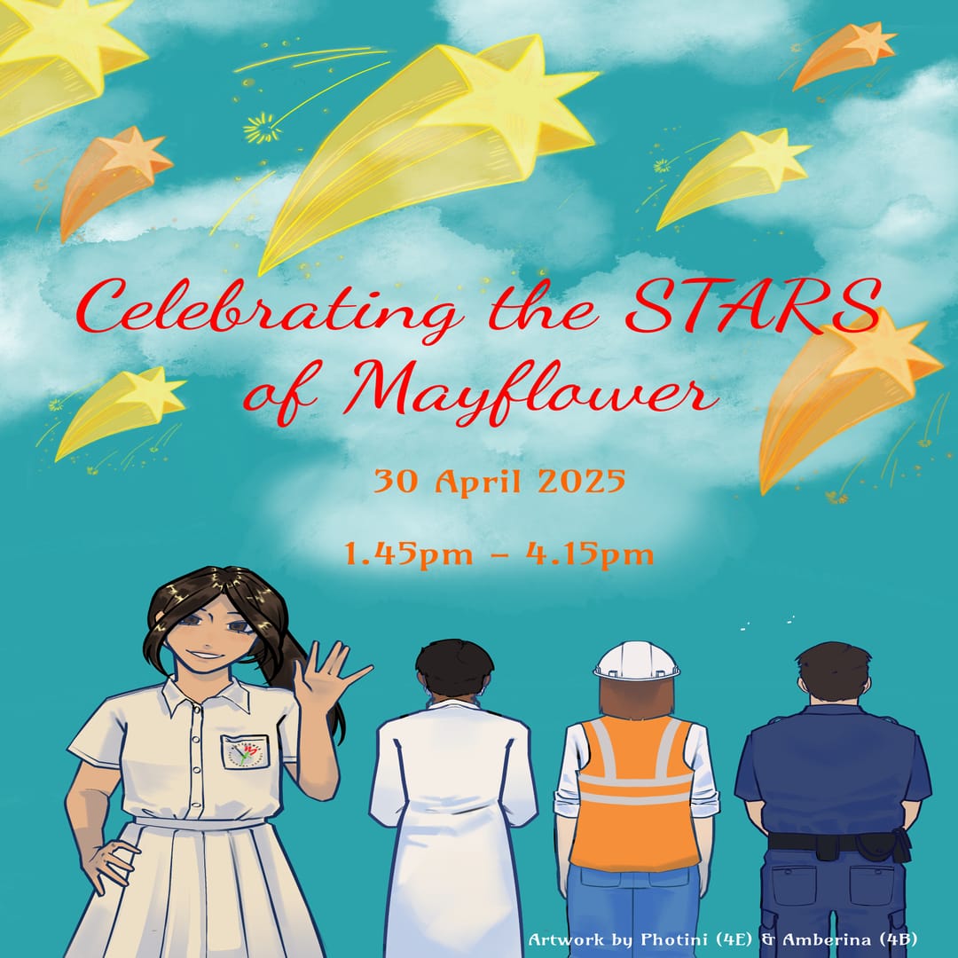Illustrated poster for Celebrating the STARS of Mayflower on 30 April 2025, showing four drawn figures and shooting stars.