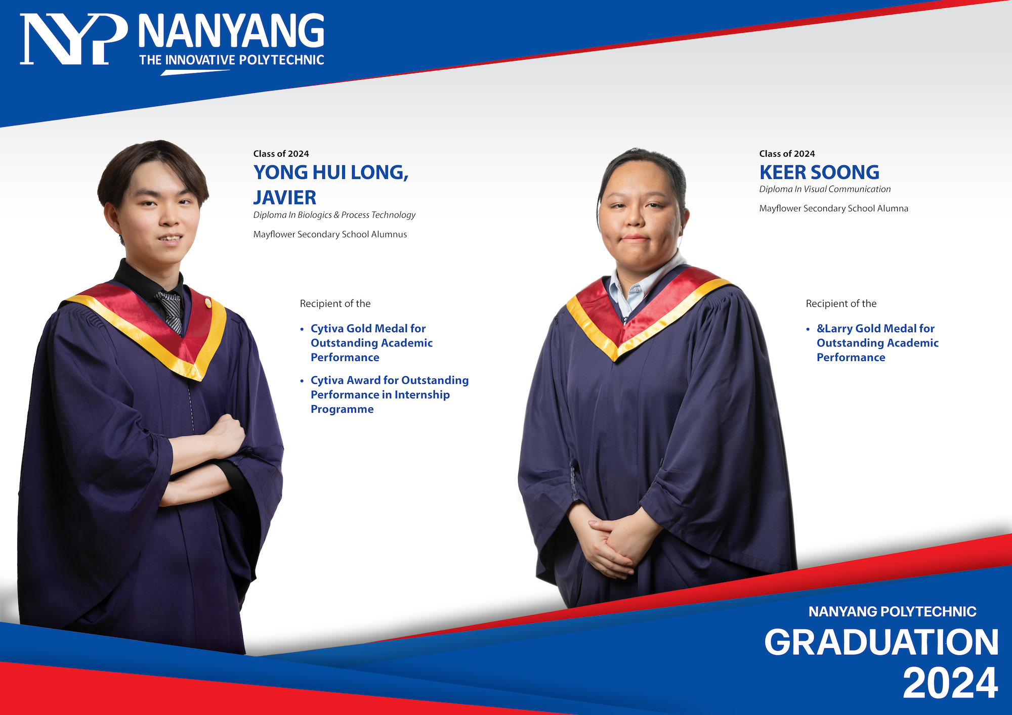 Two Nanyang Polytechnic Class of 2024 graduates in navy blue robes with red and gold sashes, named Yong Hui Long Javier and Keer Soong.