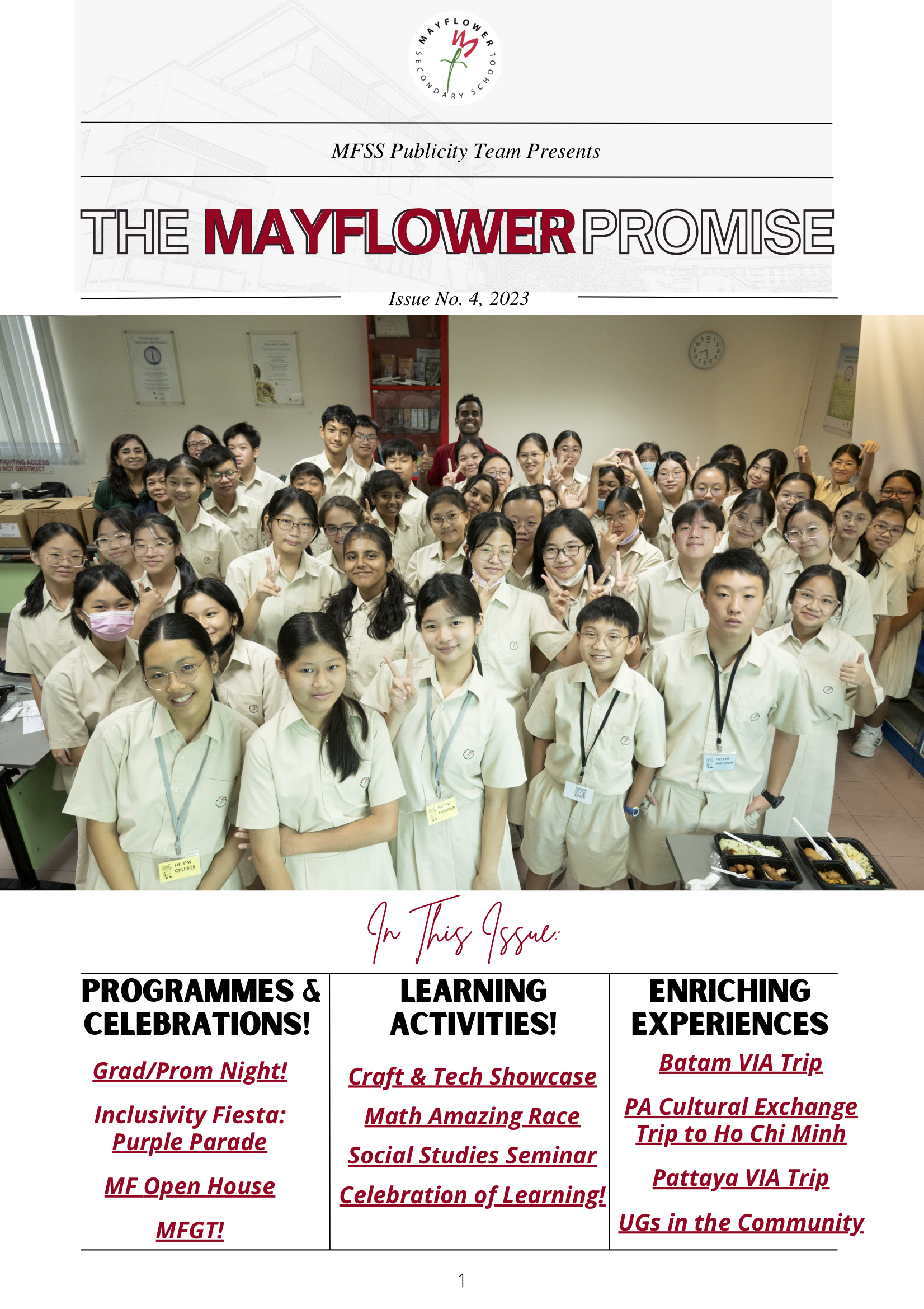 Cover of The Mayflower Promise school newsletter, Issue 4 2023, featuring a large group of students in uniform posing indoors.