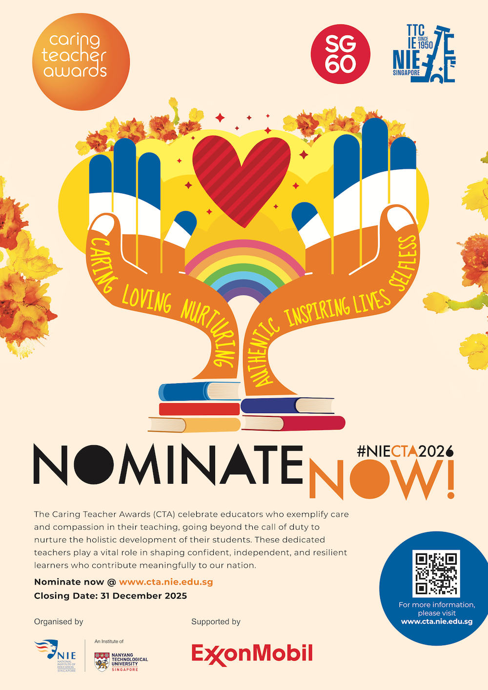 Poster for NIE Caring Teacher Awards 2026 urging nominations, featuring illustrated hands holding a heart, rainbow, and books.