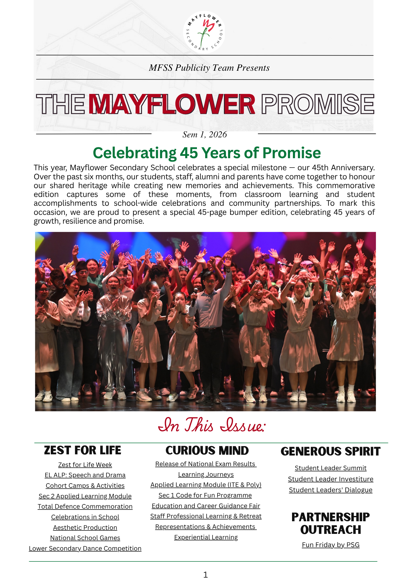 The Mayflower Promise newsletter cover for Semester 1, 2026