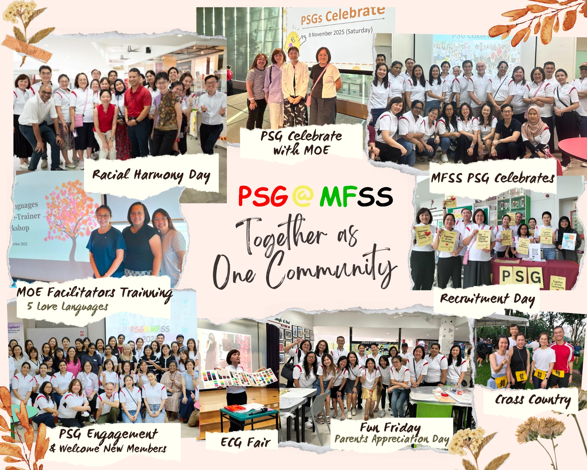 Collage of PSG@MFSS staff group photos with captions for events, titled Together as One Community.