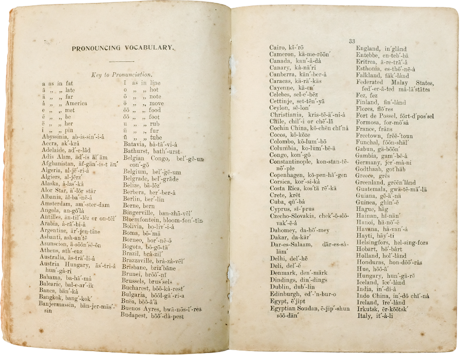 Open aged book showing a pronouncing vocabulary page with pronunciation keys and a list of place names with phonetic spellings.