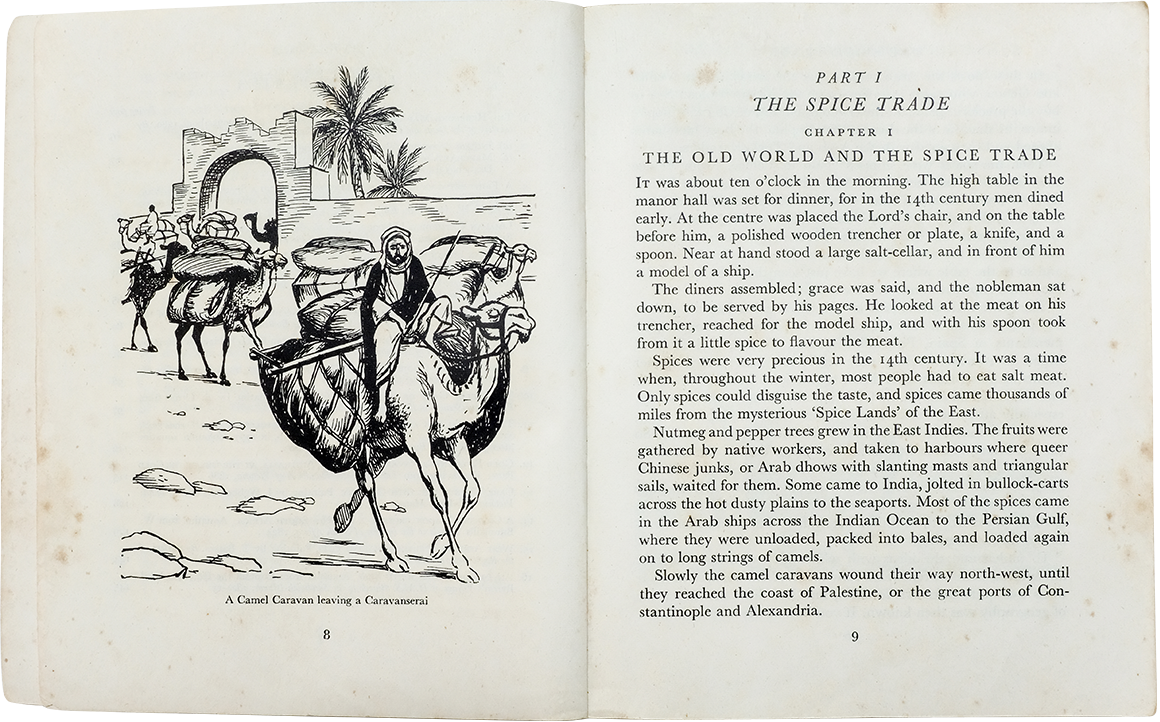 Open book showing a black and white illustration of a camel caravan and text titled "The Spice Trade, Chapter 1."