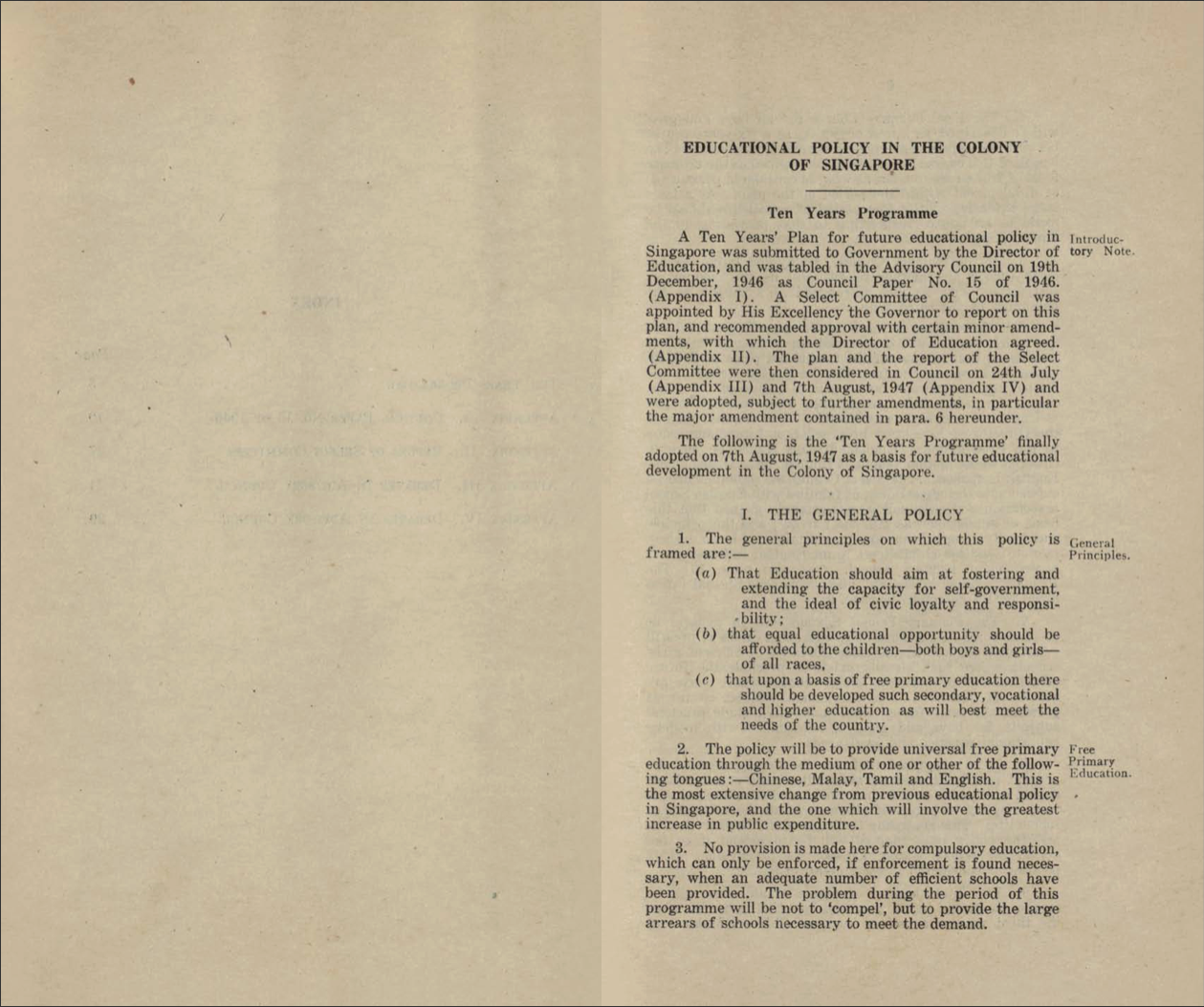 Typed document titled Educational Policy in the Colony of Singapore outlining a Ten Years Programme from 1947.