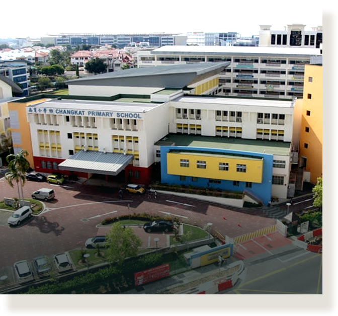 Aerial view of Changkat Primary School, a multi-story building with yellow, blue, and white exterior.