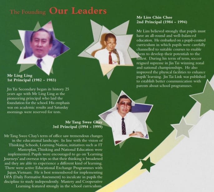 The first three principals of Jin Tai Secondary School. Source: Jin Tai Secondary School (1982 to 2006) souvenir magazine