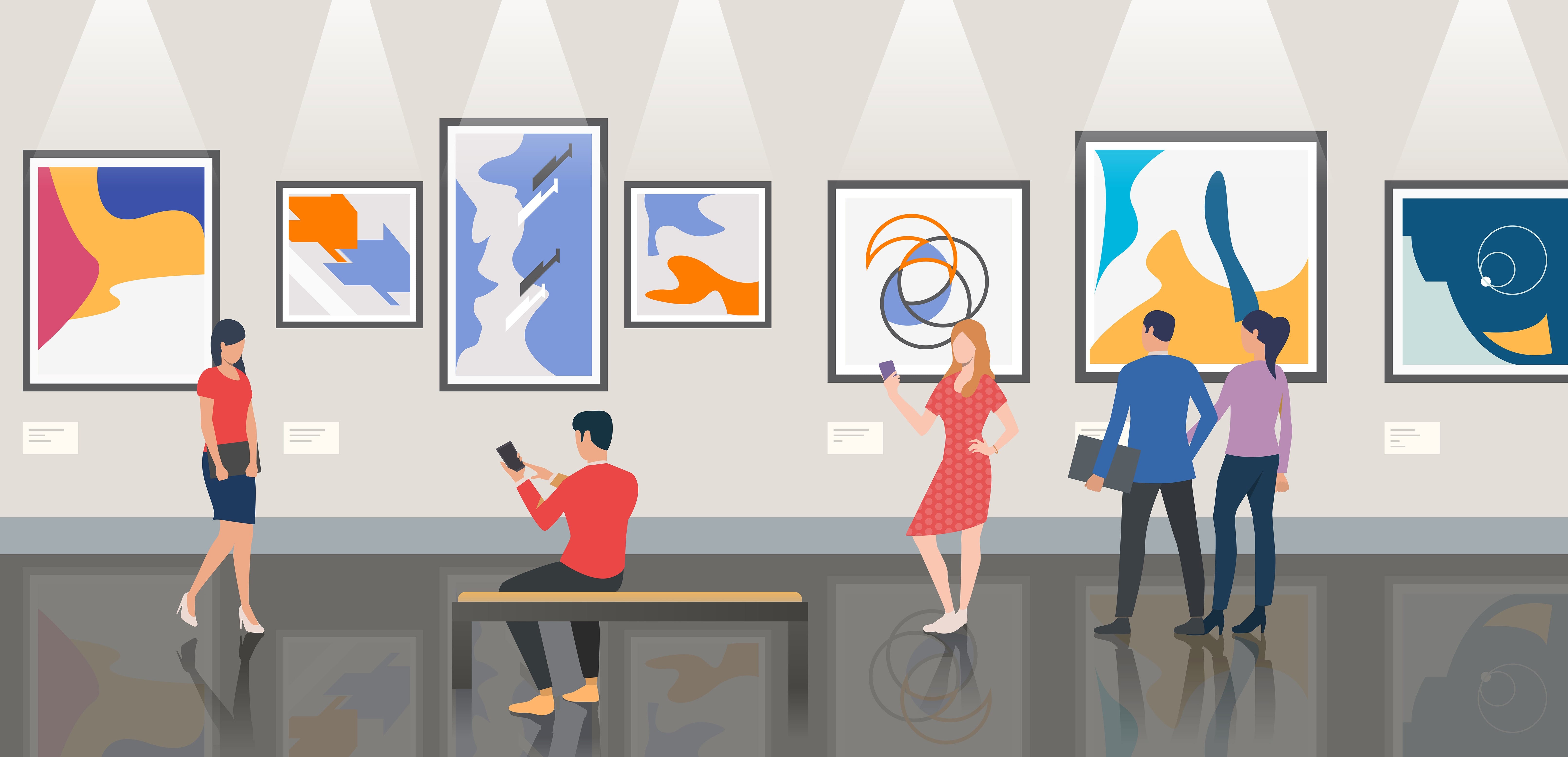 Four illustrated people view colorful abstract paintings on a gallery wall with spotlights above.