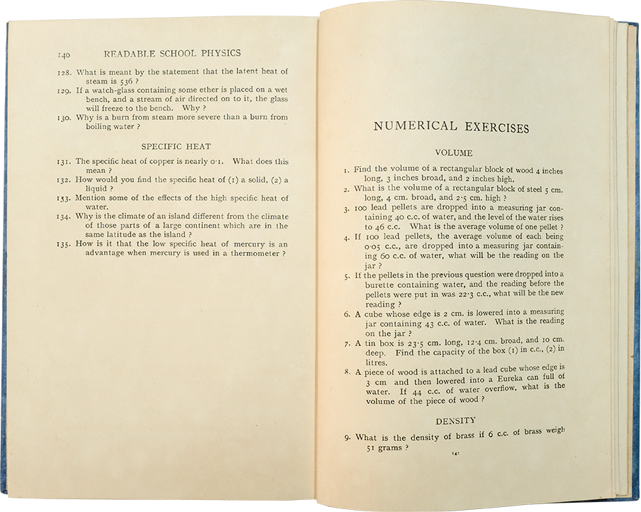 Open textbook titled Readable School Physics showing pages 140 and 141 with physics questions and numerical exercises.