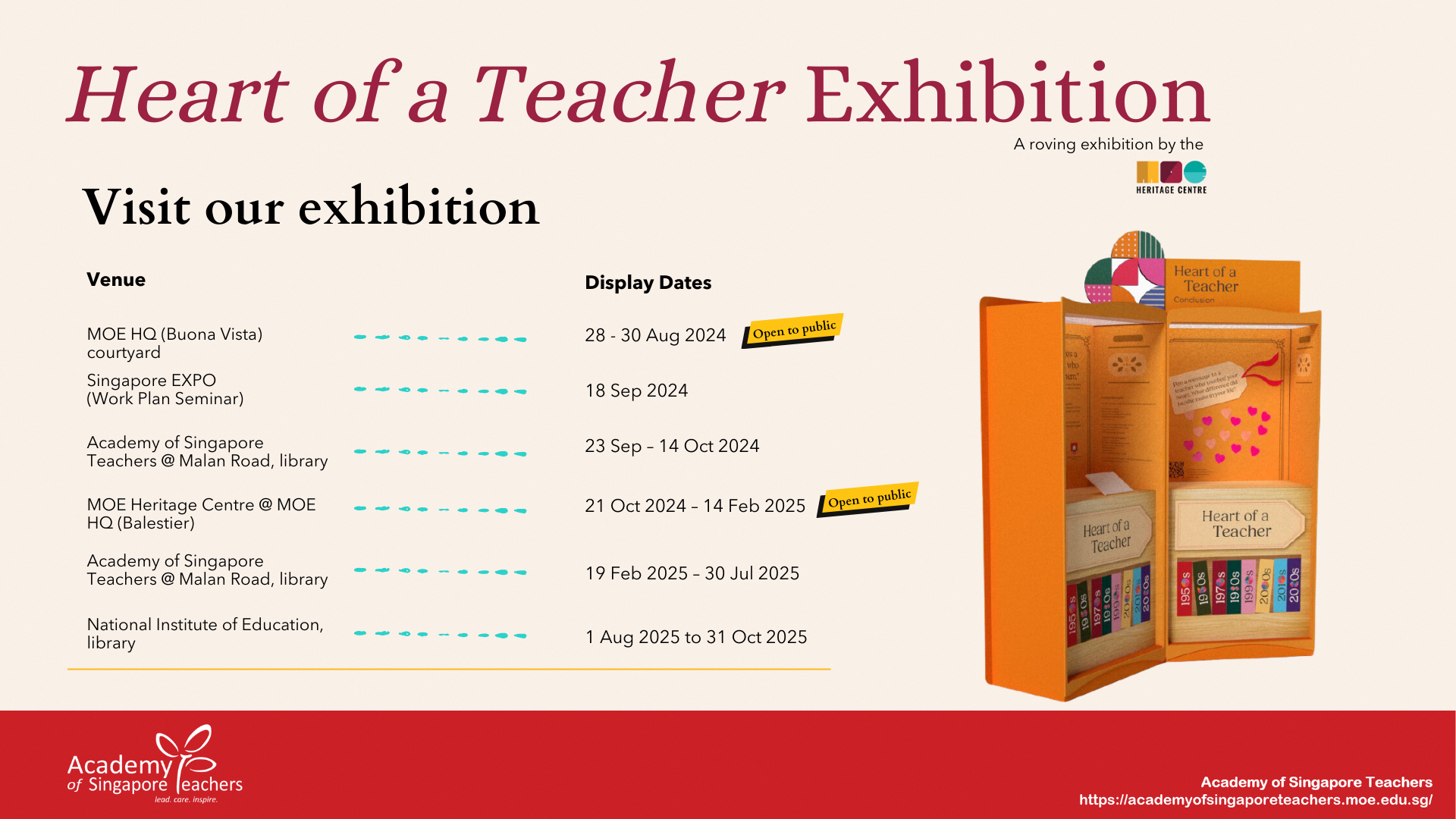 Promotional flyer for Heart of a Teacher Exhibition listing venues and dates from Aug 2024 to Oct 2025.