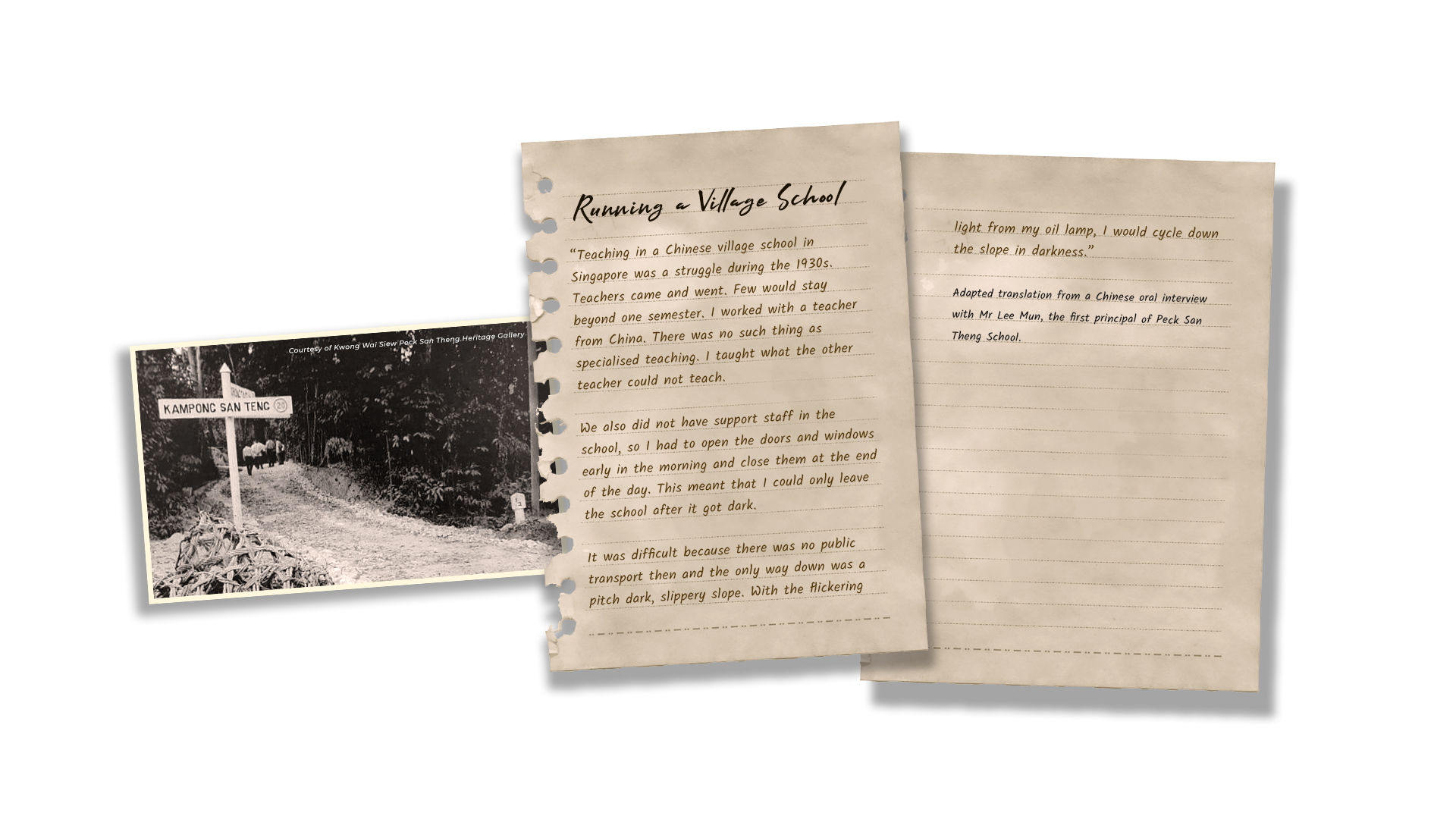 Aged notebook pages titled "Running a Village School" beside a black-and-white photo of a Kampong San Teng sign.