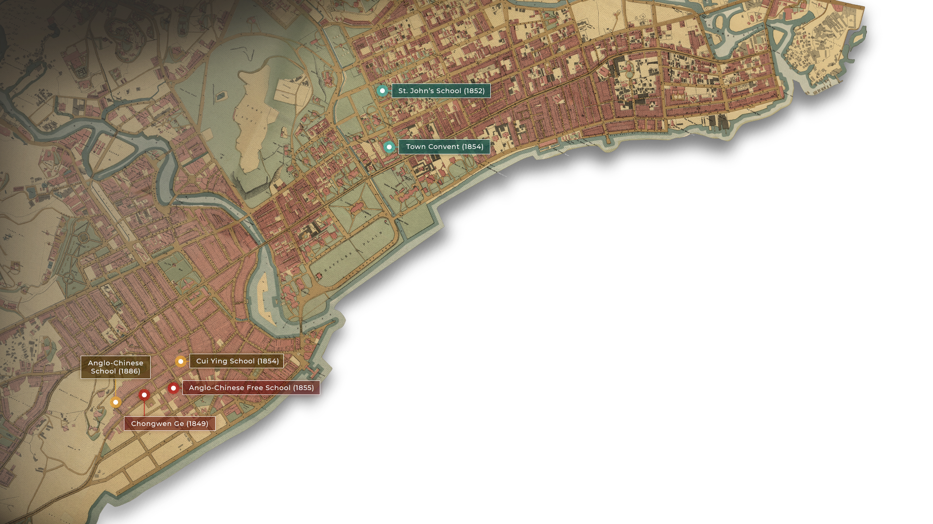Historical city map with labeled school locations from 1849 to 1886, including Anglo-Chinese and Chongwen Ge schools.