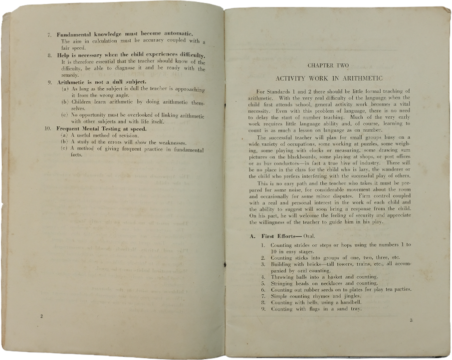 Open book showing pages 2 and 3, with numbered teaching principles and Chapter Two on Activity Work in Arithmetic.
