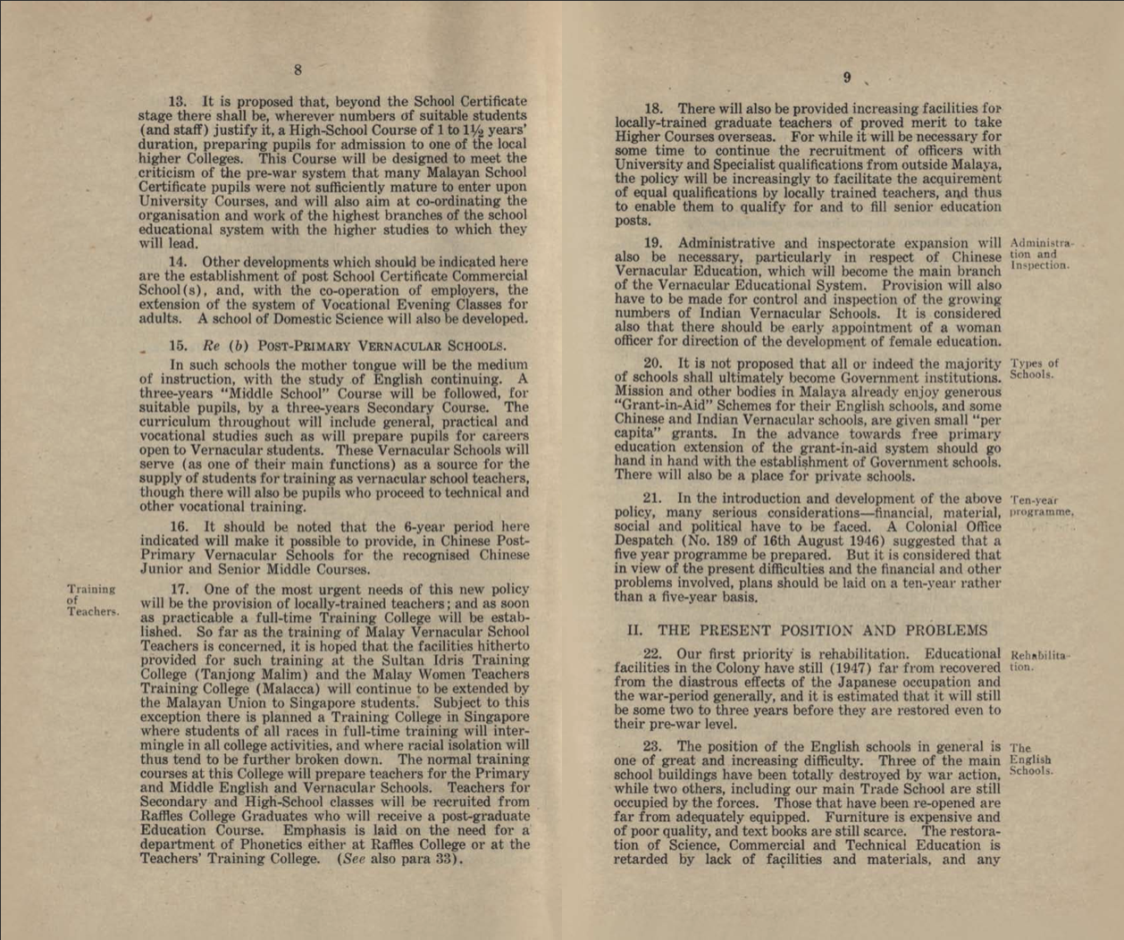Two pages of a typed document discussing post-primary vernacular schools and educational policy in Malaya.