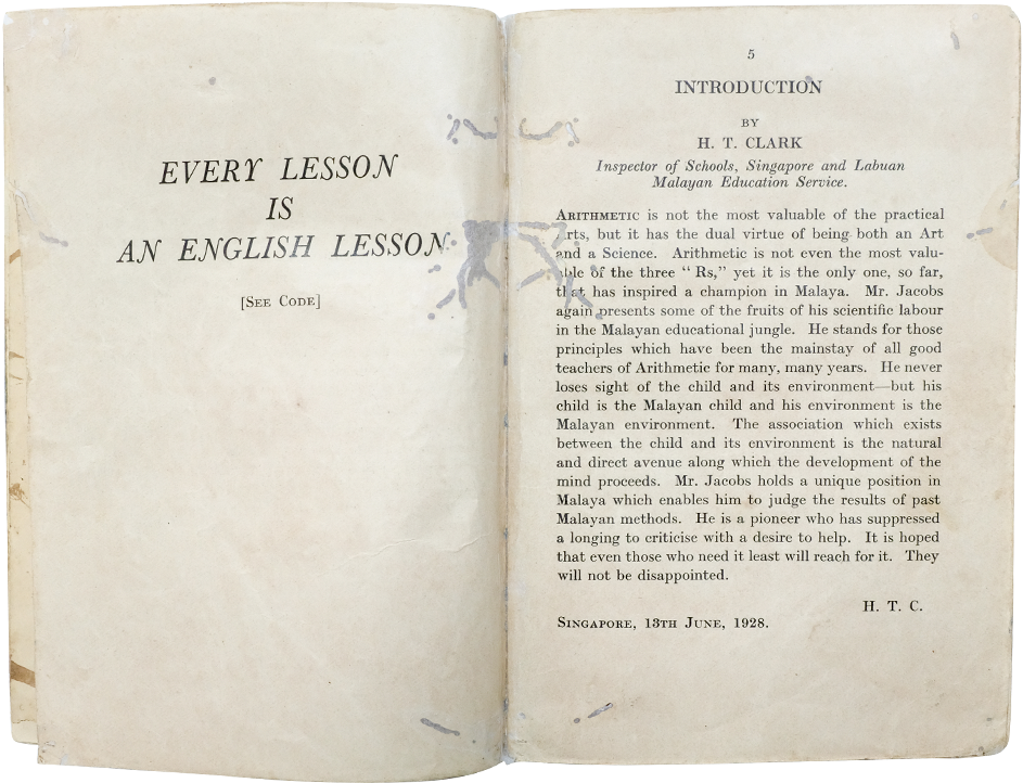 Open book showing "Every Lesson Is An English Lesson" on left and an introduction by H.T. Clark dated 1928 on right.