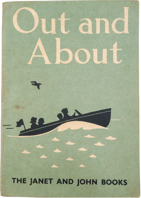 Green book cover titled "Out and About" from The Janet and John Books, showing silhouettes of children in a speedboat.