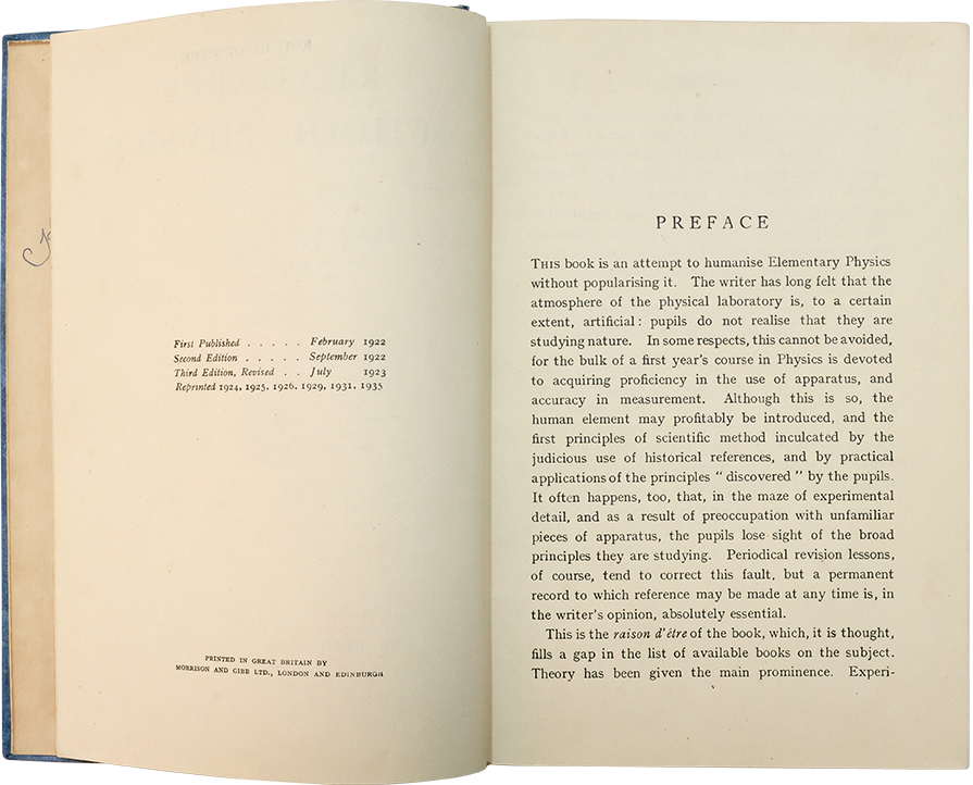 Open book showing a publication details page on the left and a Preface page on the right with typed text.