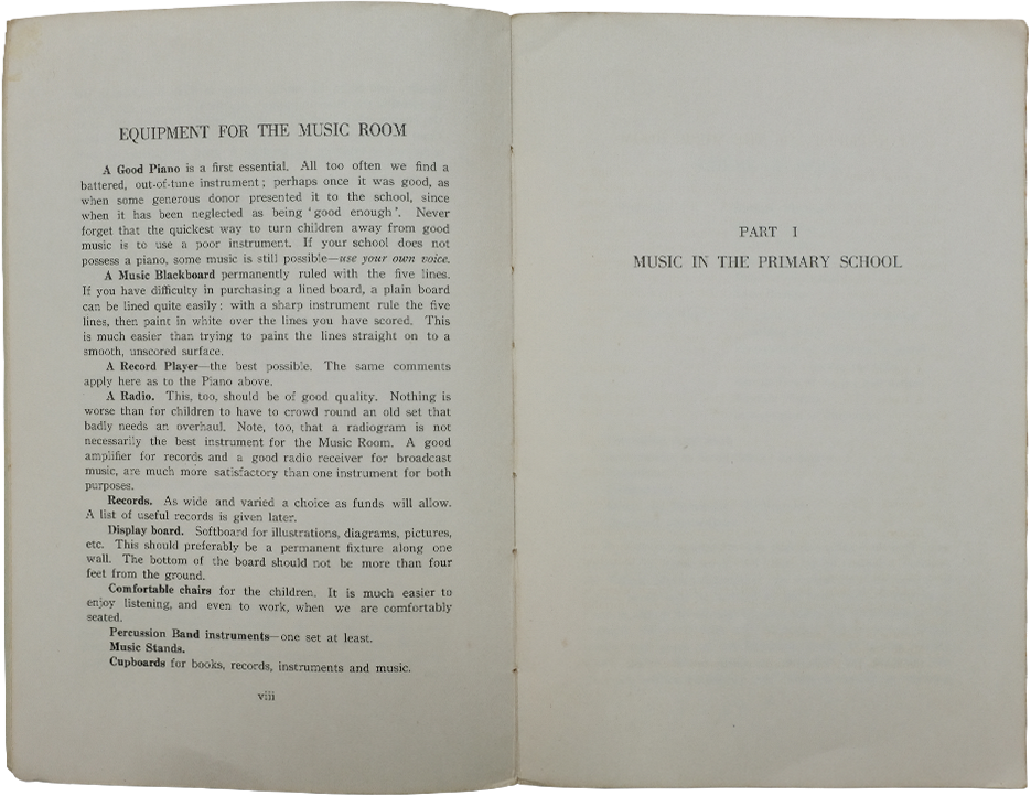 Open book showing "Equipment for the Music Room" on the left and "Part I Music in the Primary School" on the right.