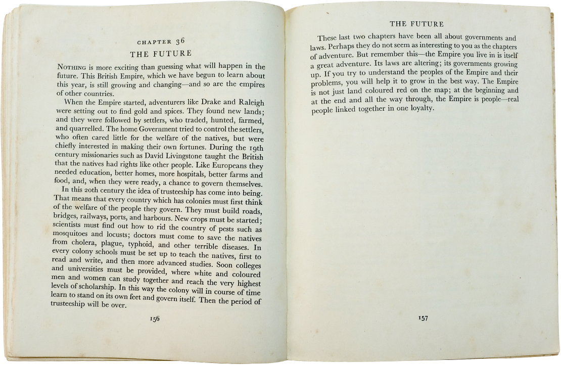 Open book showing pages 156 and 157 of Chapter 36 titled "The Future" with printed text.