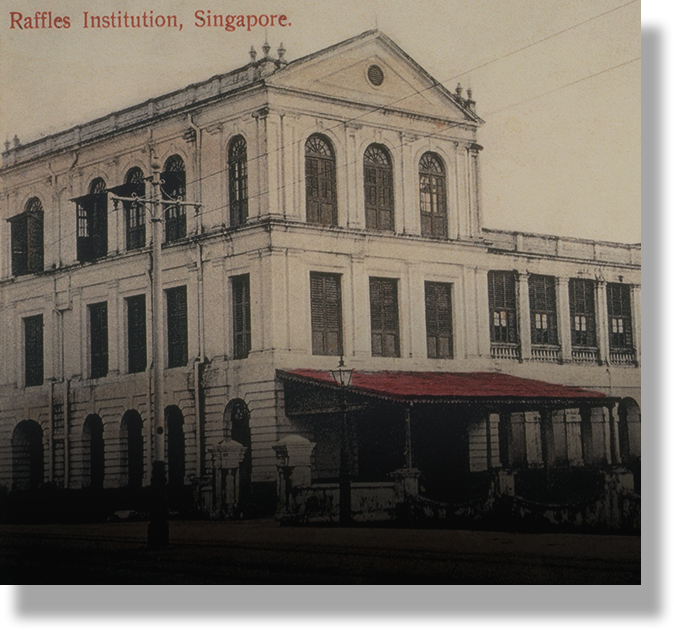 Old sepia photo of Raffles Institution Singapore, a two-story colonial building with a red canopy entrance.