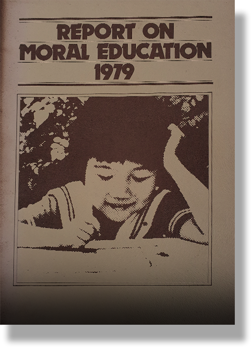 Cover of "Report on Moral Education 1979" showing a young child writing or drawing at a desk.