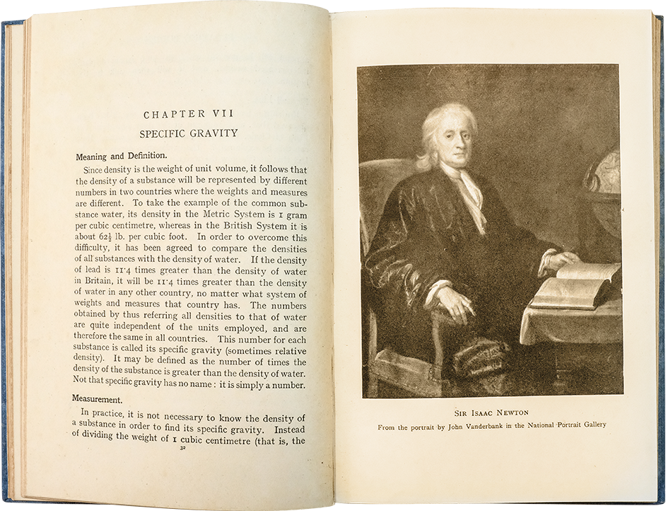 Open book showing Chapter VII on Specific Gravity and a sepia portrait of Sir Isaac Newton seated at a desk.