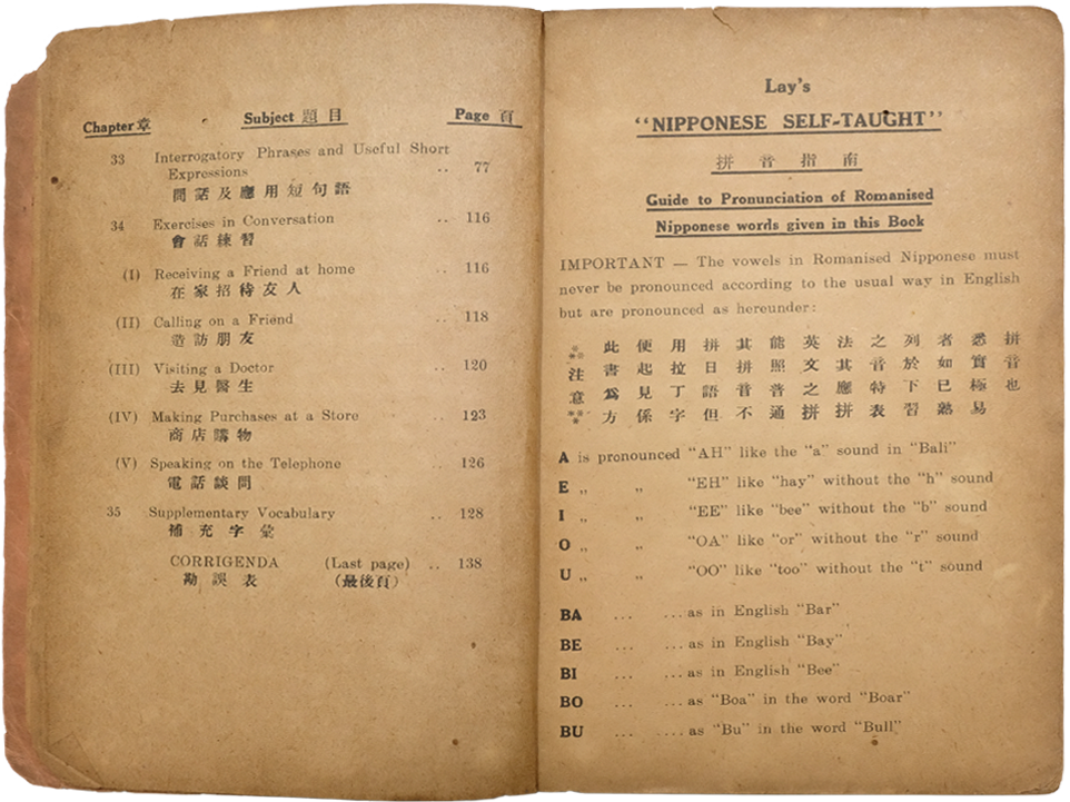 Open aged book showing table of contents and pronunciation guide from Lay's Nipponese Self-Taught with Chinese text.