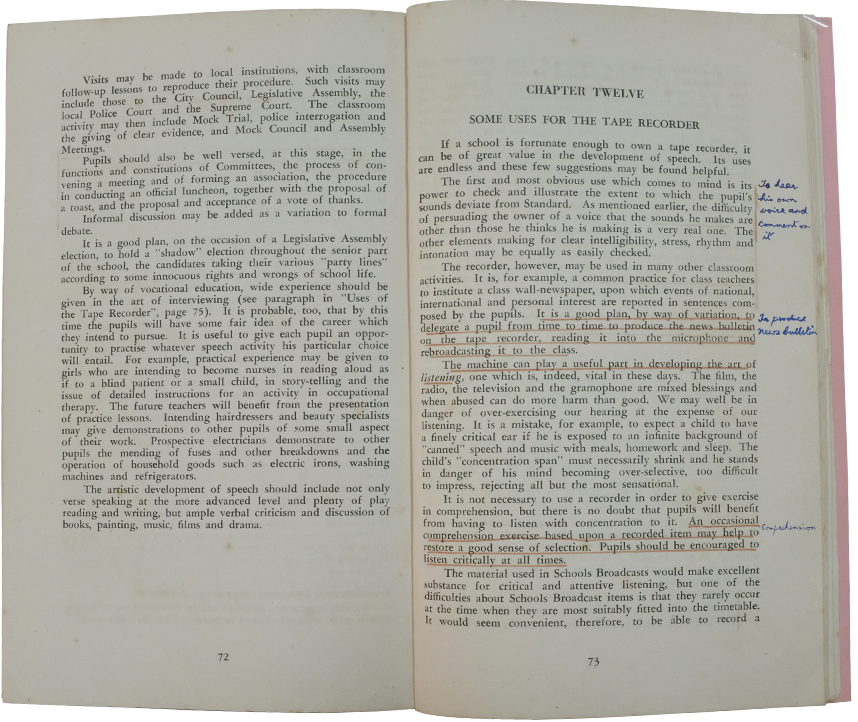 Open book showing pages 72 and 73, with Chapter Twelve titled "Some Uses for the Tape Recorder" and handwritten margin notes.