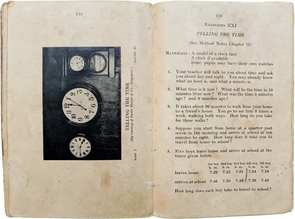 Open vintage textbook showing pages 118 and 119 with clock photos and a lesson titled Telling the Time.