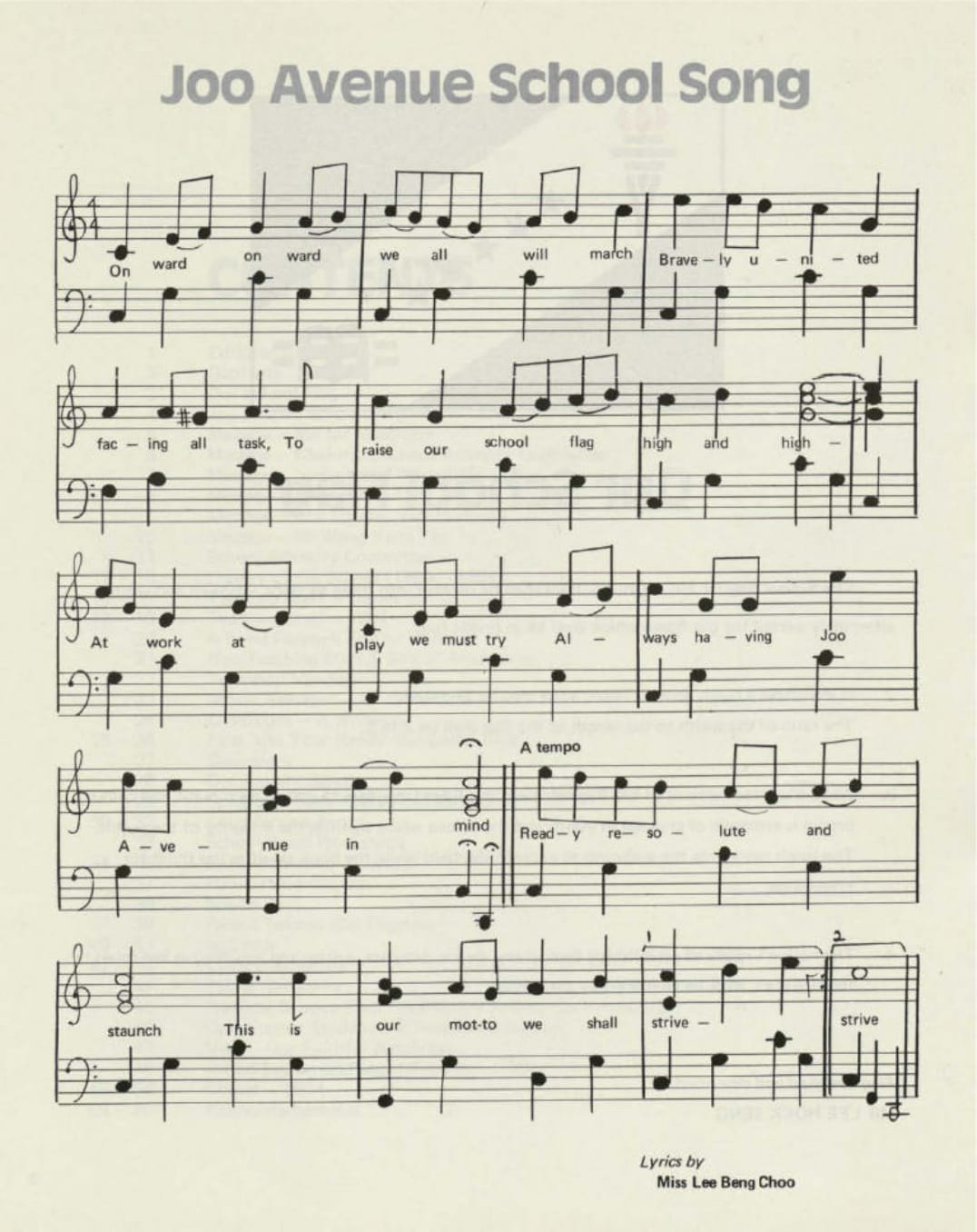 Score and lyrics of Joo Avenue School's school song.