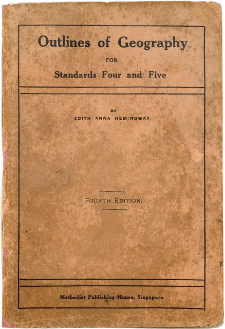 Worn tan book cover titled Outlines of Geography for Standards Four and Five by Edith Anna Hemingway, Fourth Edition.