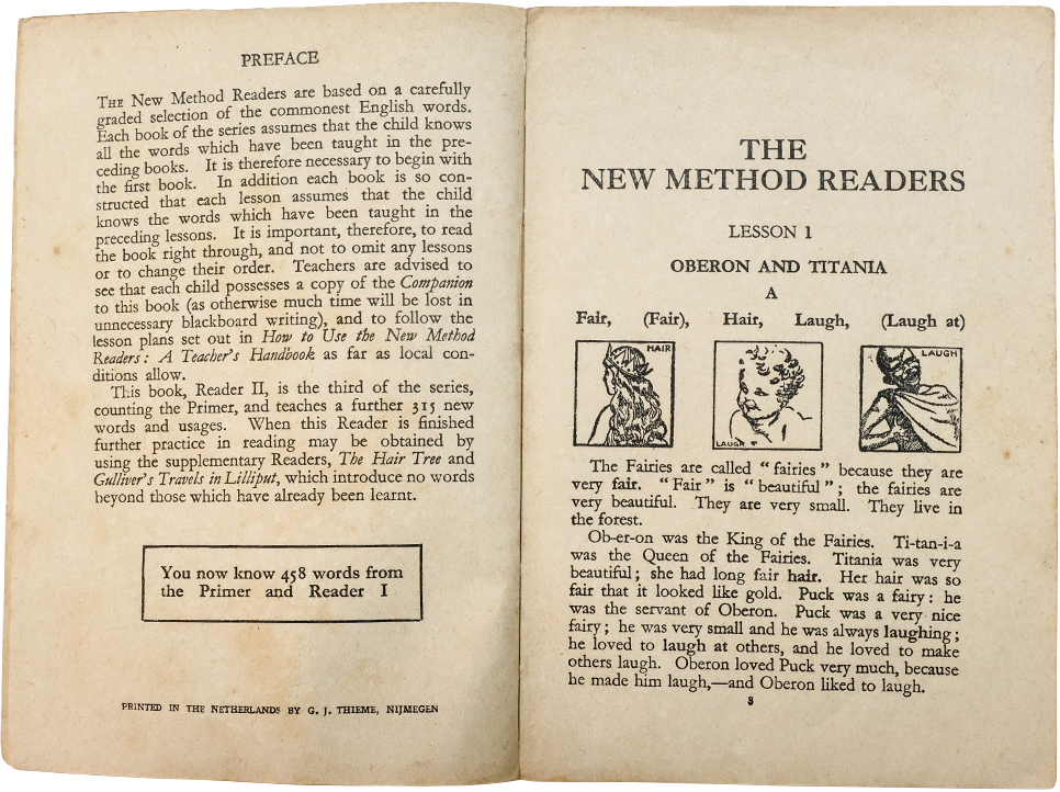 Open vintage book showing a preface on the left and Lesson 1 about Oberon and Titania with three small illustrations on the right.