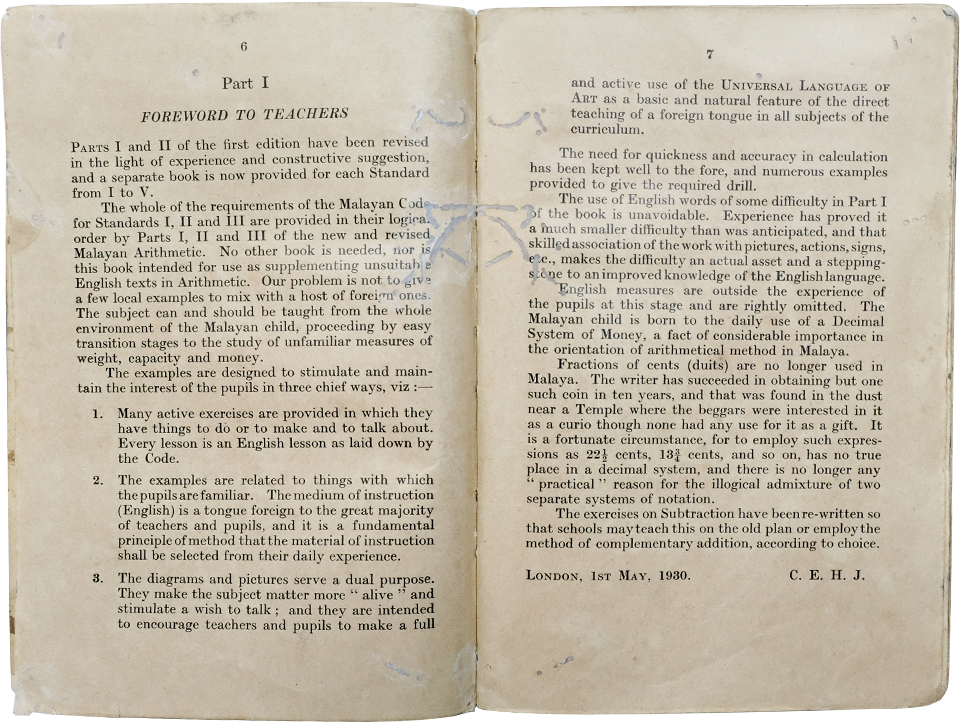 Open aged book showing pages 6 and 7 with a Foreword to Teachers, dated London, 1st May, 1930.