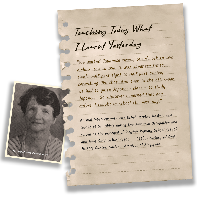 Aged notebook page titled "Teaching Today What I Learnt Yesterday" with a quote and a black-and-white photo of Mrs Ethel Dorothy Desker.