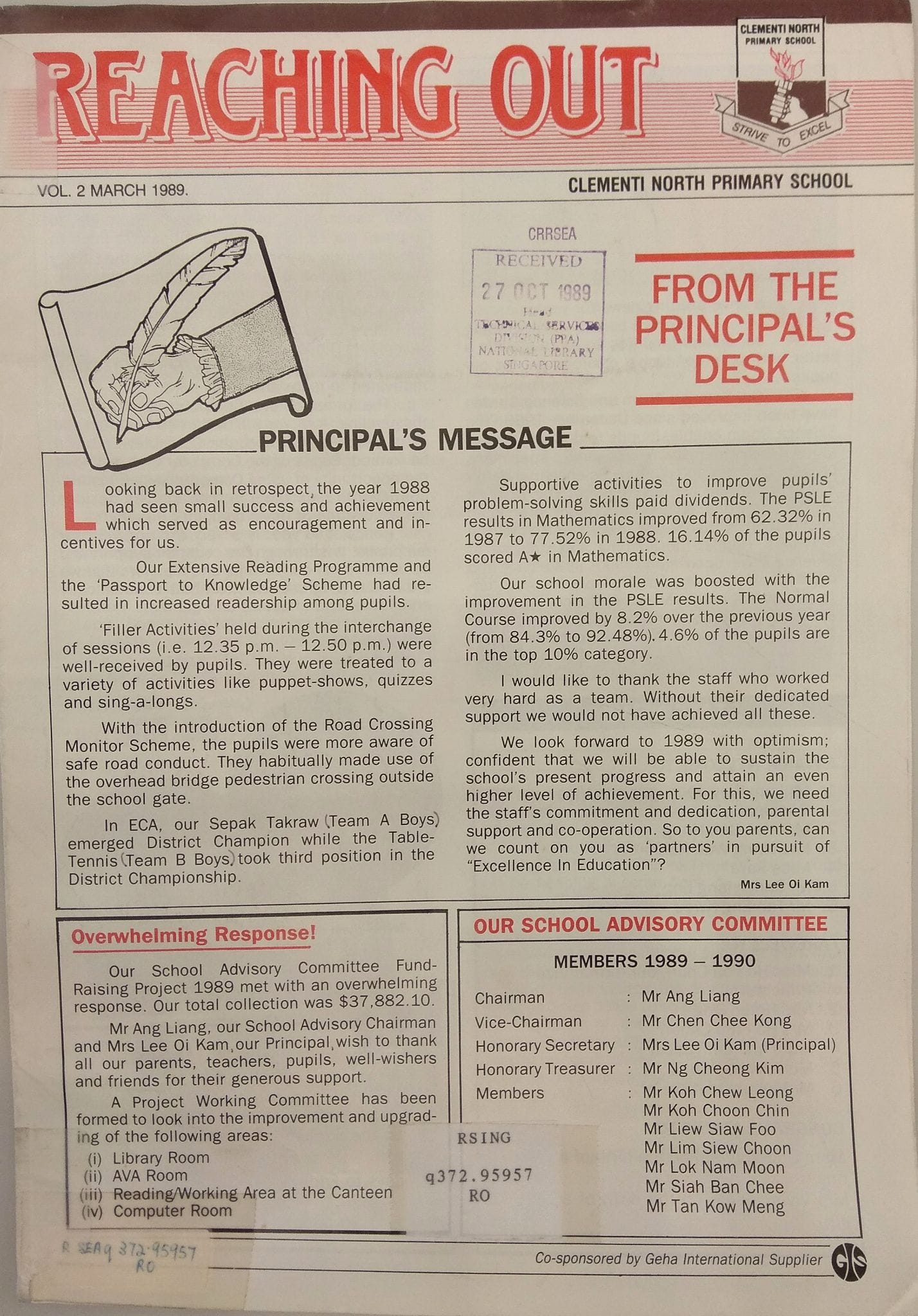 Clementi North Primary Schools’ newsletter, Reaching Out (1989).