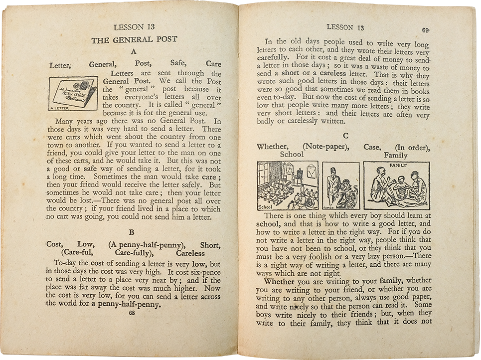 Open vintage textbook showing Lesson 13 titled The General Post with small illustrations of a letter and school scenes.