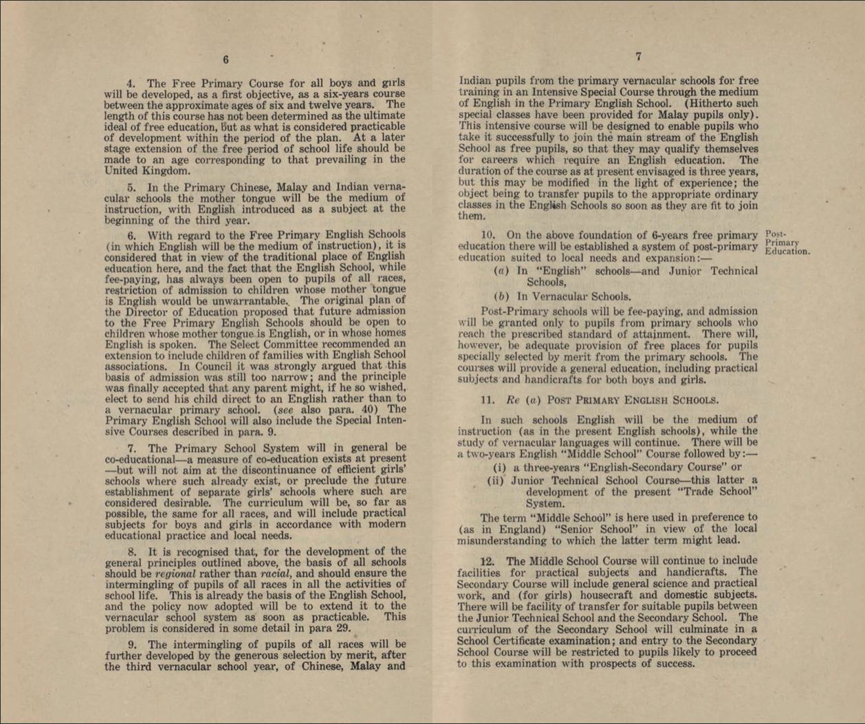 Two-page printed document discussing primary and post-primary education policies, including free courses and school systems.