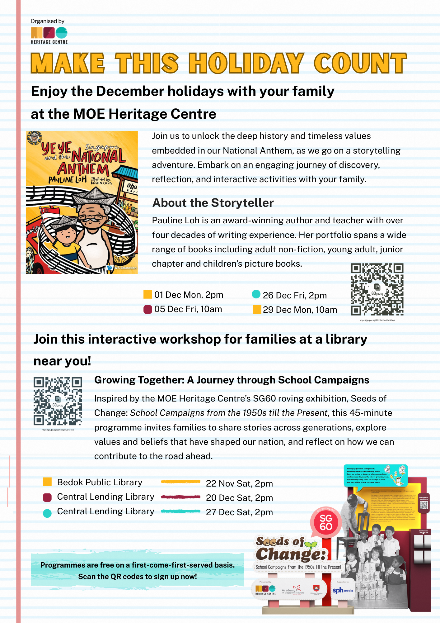 EDM showing MOE Heritage Centre December holiday programmes including storytelling and family workshops.