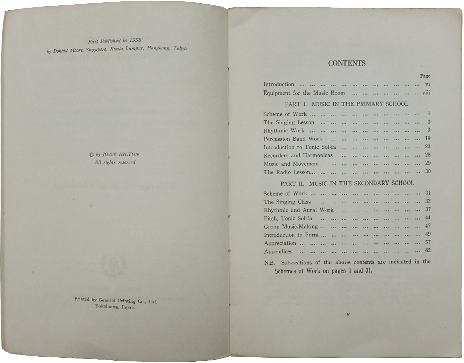 Open book showing copyright page dated 1958 by Joan Hilton and a contents page for a music education book.