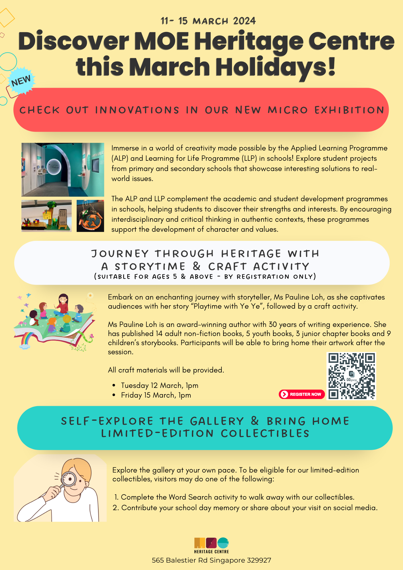 Flyer for MOE Heritage Centre March 2024 holidays event with activities, storytime, and collectibles details.