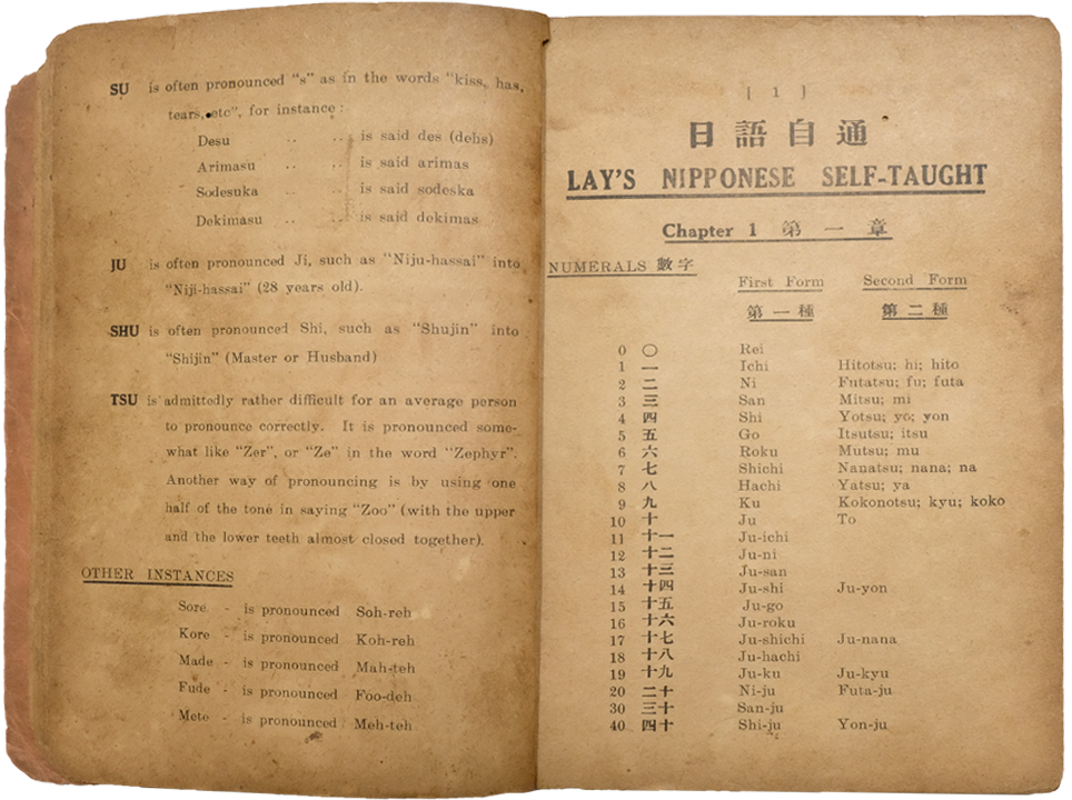 Aged open book showing "Lay's Nipponese Self-Taught" with Japanese numerals and pronunciation guides in English.