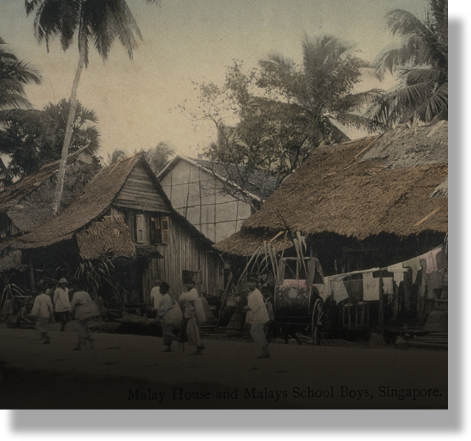 Old sepia-toned photo of thatched wooden Malay houses with schoolboys walking nearby, surrounded by palm trees in Singapore.